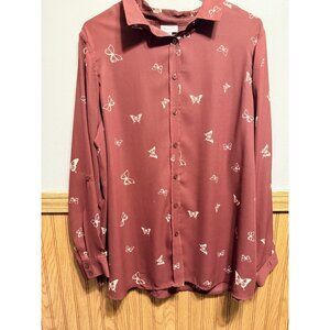 Avenue Women’s Butterfly Buttoned Up Burgundy Blouse size XL 18-20